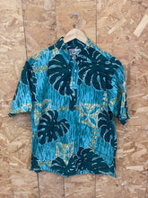 Vintage 90s teal olive green bold leaf pattern hawaiian ugly party shirt sleeve shirt by Hilo Hattie